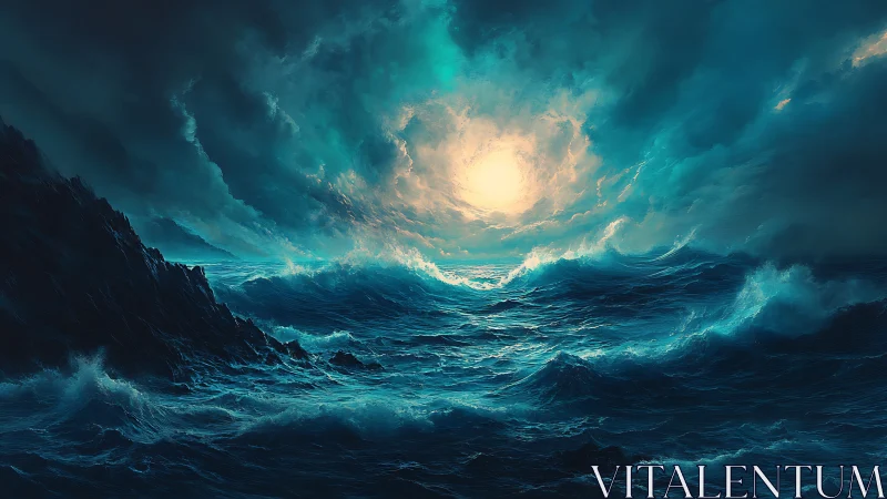 Turbulent open sea under dense storm clouds at dusk.