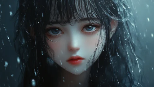 Digital portrait shows stylized wet-haired girl in rainfall