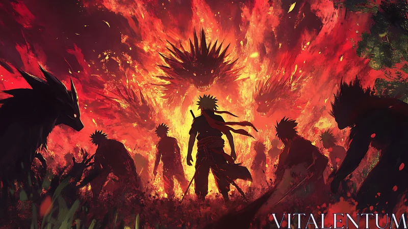 Volcanic inferno summoning with silhouetted warriors and beasts.