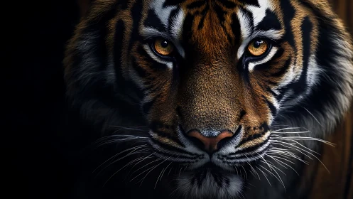 Golden-eyed tiger portrait glowing from the shadows.