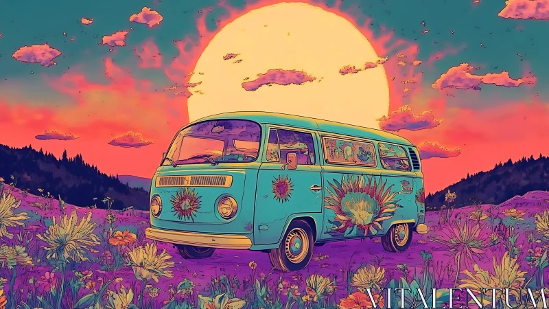 Retro microbus under neon psychedelic sunset skyscape.