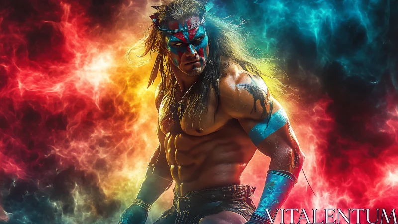 Warrior portrait against dual-color energy nebula background
