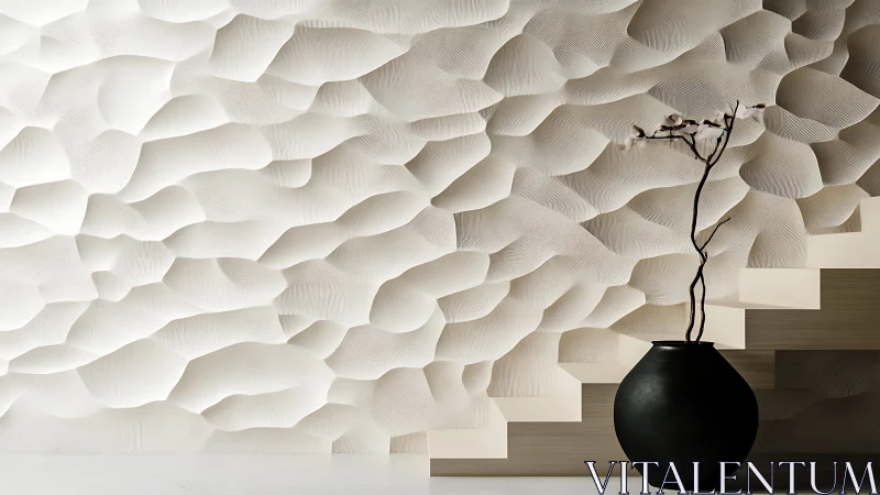 Textured white relief wall with minimalist vase on stairs.