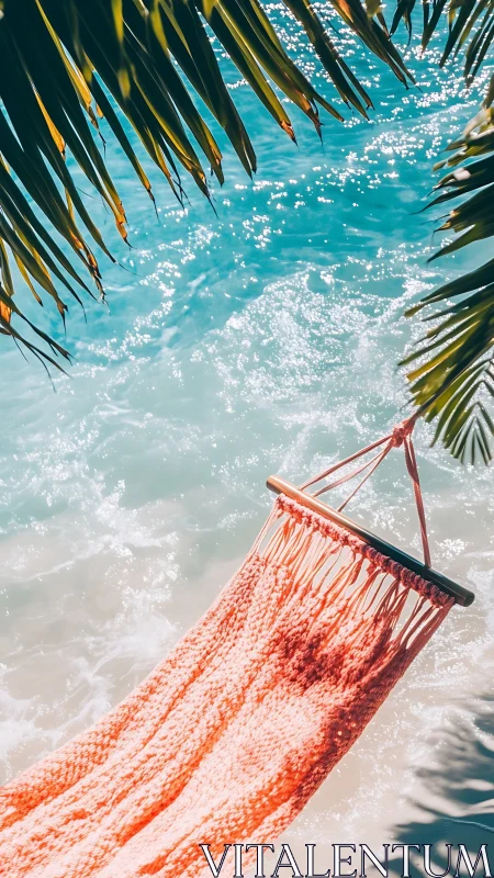 Coral hammock hangs over turquoise shoreline in high-sun light