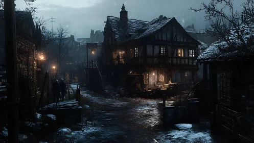 Rain-soaked medieval tavern street hums with hidden stories.