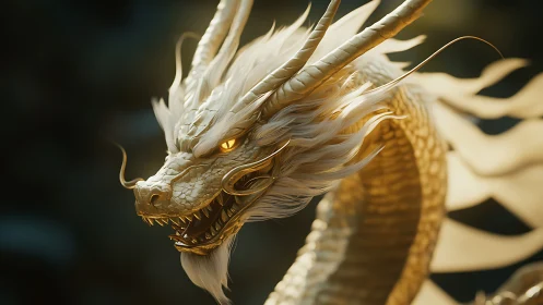 Golden Eastern dragon snarls in dramatic cinematic light.