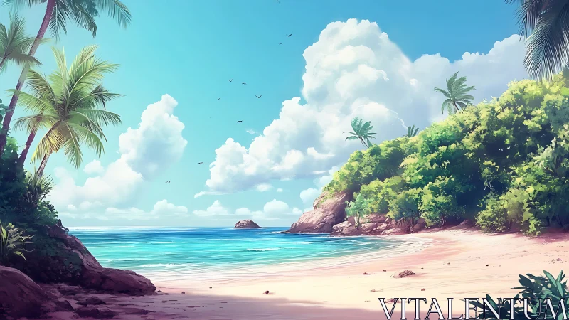 Tropical Coastal Landscape: Digital Rendering of Atoll Beach Environment.