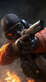 Masked operative aiming pistol amid flying embers.