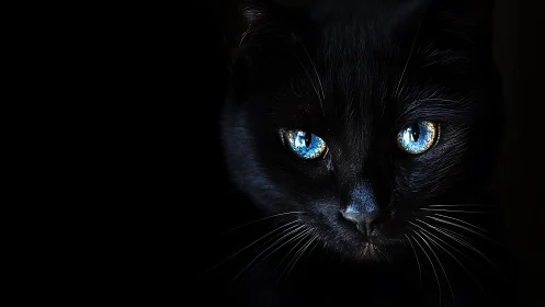High-contrast portrait of melanistic feline with dichromatic luminous ocular anatomy.