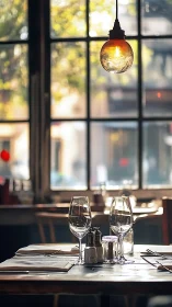 Sunlit restaurant table set for two under warm pendant light.
