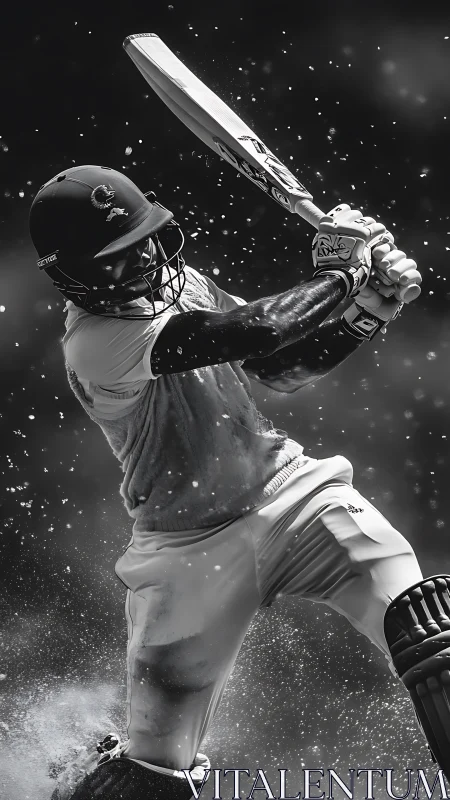 Cricket batter mid-swing in dynamic monochrome action shot.