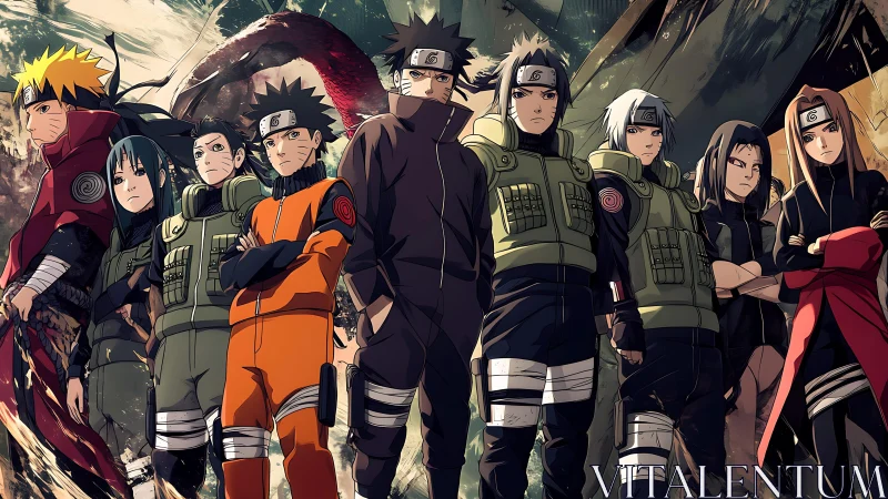 Leaf village misfits stand shoulder to shadowed storm.