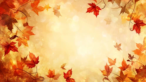 Autumn maple leaves swirl around glowing golden bokeh sky