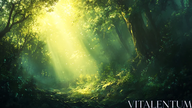 Sunlit forest clearing channels dramatic golden light