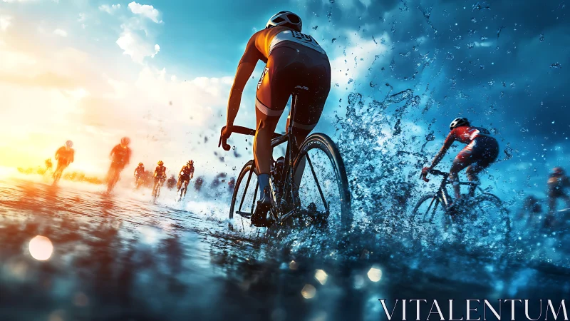 Dynamic road cyclists sprint through water in cinematic backlight