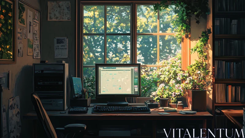 Home office desk facing window with plants and computer.