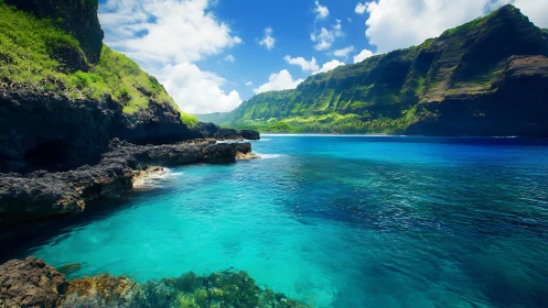 Emerald Valley Cove Beneath Towering Cliffs and Blue Sky