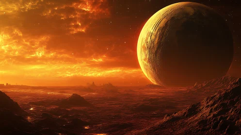 Molten alien landscape under massive eclipsing planet