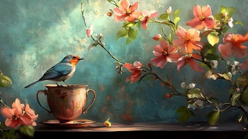 Small bird on teacup beside flowering branch on teal wall.