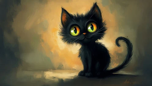 Black Cat with Golden Eyes in Misty Atmosphere.