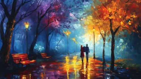 Evening park pathway shows two figures under vivid tree light