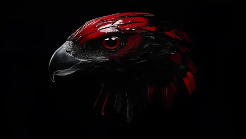Hyperreal crimson raptor profile rendered with metallic sheen