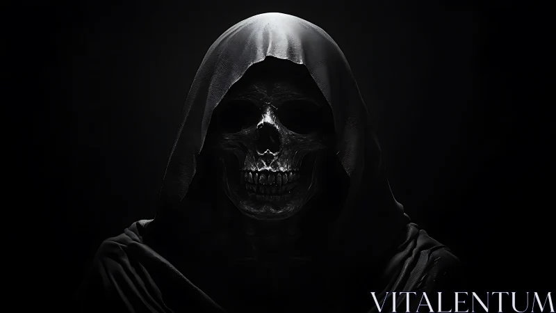 Hooded skeletal reaper portrait in dramatic low key lighting.