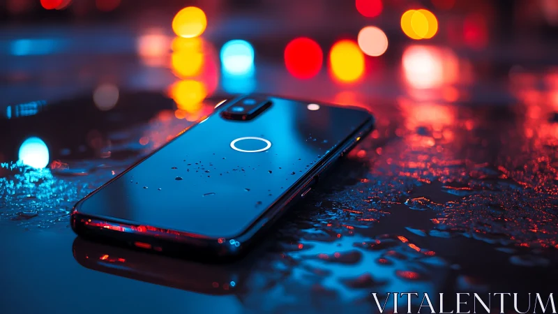 Wet smartphone glows on reflective surface under neon bokeh