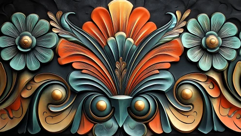 Baroque bloom engine in teal, copper, and gilded dusk.