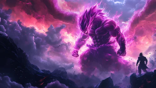 Colossal purple energy figure confronts lone warrior figure