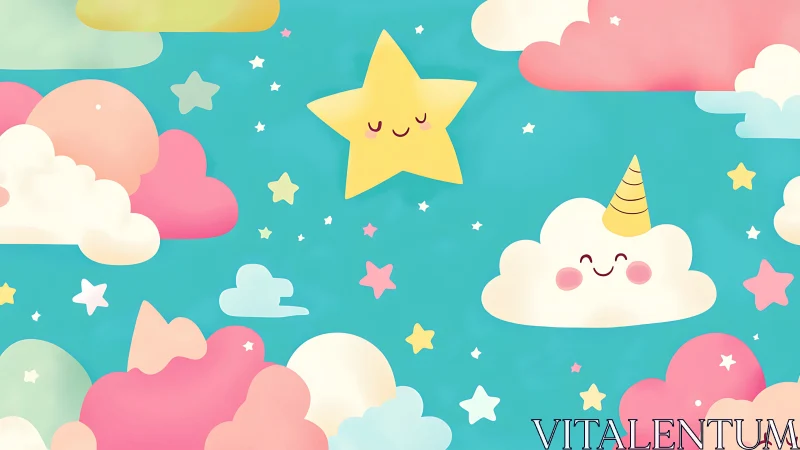 Smiling unicorn cloud and sleepy star float in pastel sky