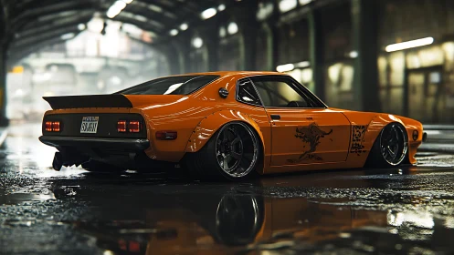 Widebody orange tuner car rendered in wet industrial tunnel scene