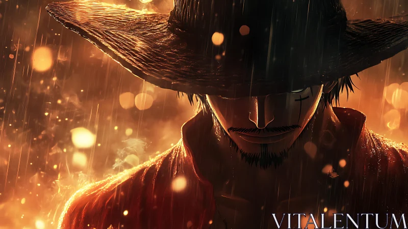 Cinematic anime gunslinger under rain-lit bokeh ember storm.