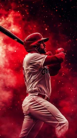 Power hitter swings against vivid red nebula backdrop.
