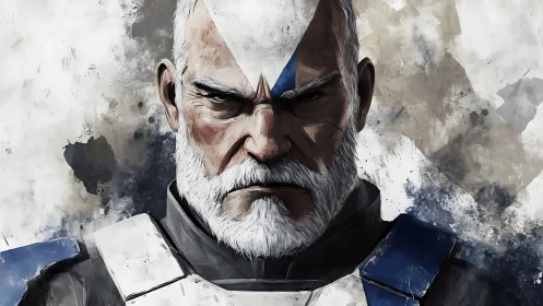 Aged armored commander portrait with angular war paint.