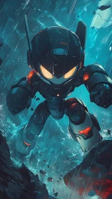 Armored chibi mech descending through dynamic storm cascade.