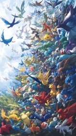 Colorful creatures surge upward through dense sky and clouds