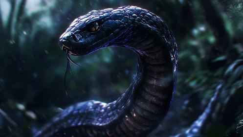 Photorealistic serpent portrait with cinematic jungle lighting.