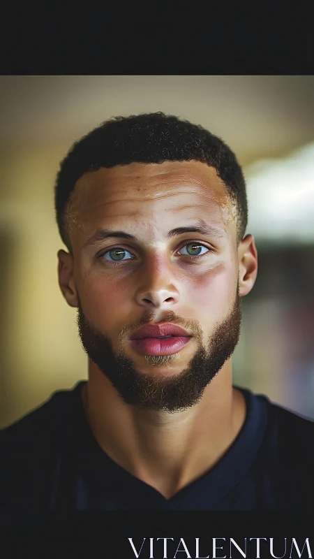 Warm portrait of focused young man with calm hazel eyes.