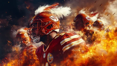 American football players rendered in fiery, high-contrast digital composition