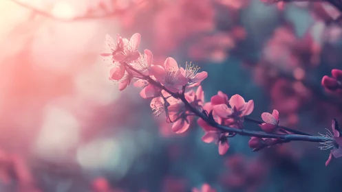 Pink blossoms basked in golden sunlight through bokeh haze.
