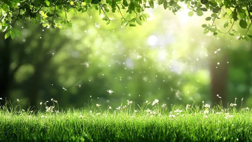 Sunlit grass field with tree canopy and floating seeds.