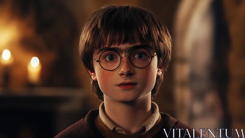 Curious young boy with round glasses stands in warm candlelight