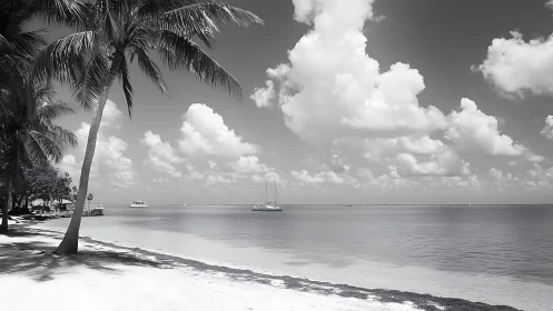 Monochrome tropical shoreline captures calm sea and stratified clouds