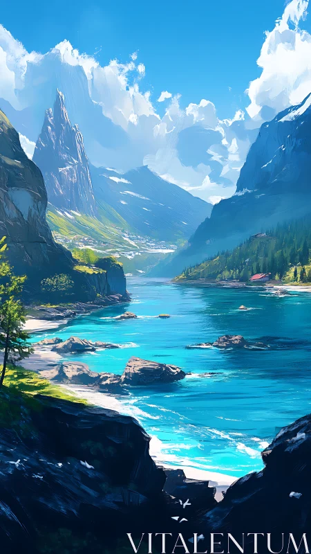 Mountain lake valley shows turquoise water between steep cliffs