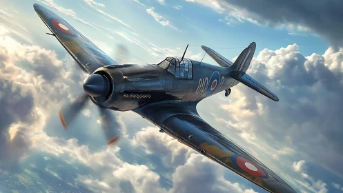 Single propeller fighter aircraft above layered cloud field.