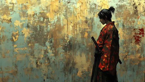 Solitary samurai leans into a storm of molten painted silence