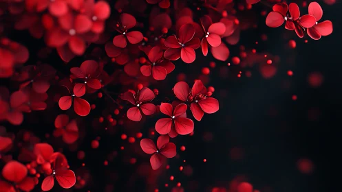 Luminescent Red Floral Clusters Against Deep Chromatically Defined Void.