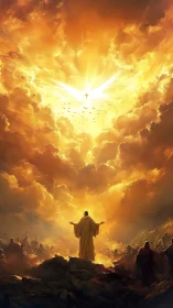Radiant messianic figure under blazing golden heaven descends