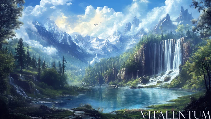 Mountain symphony pours from skybright falls into glassy lake